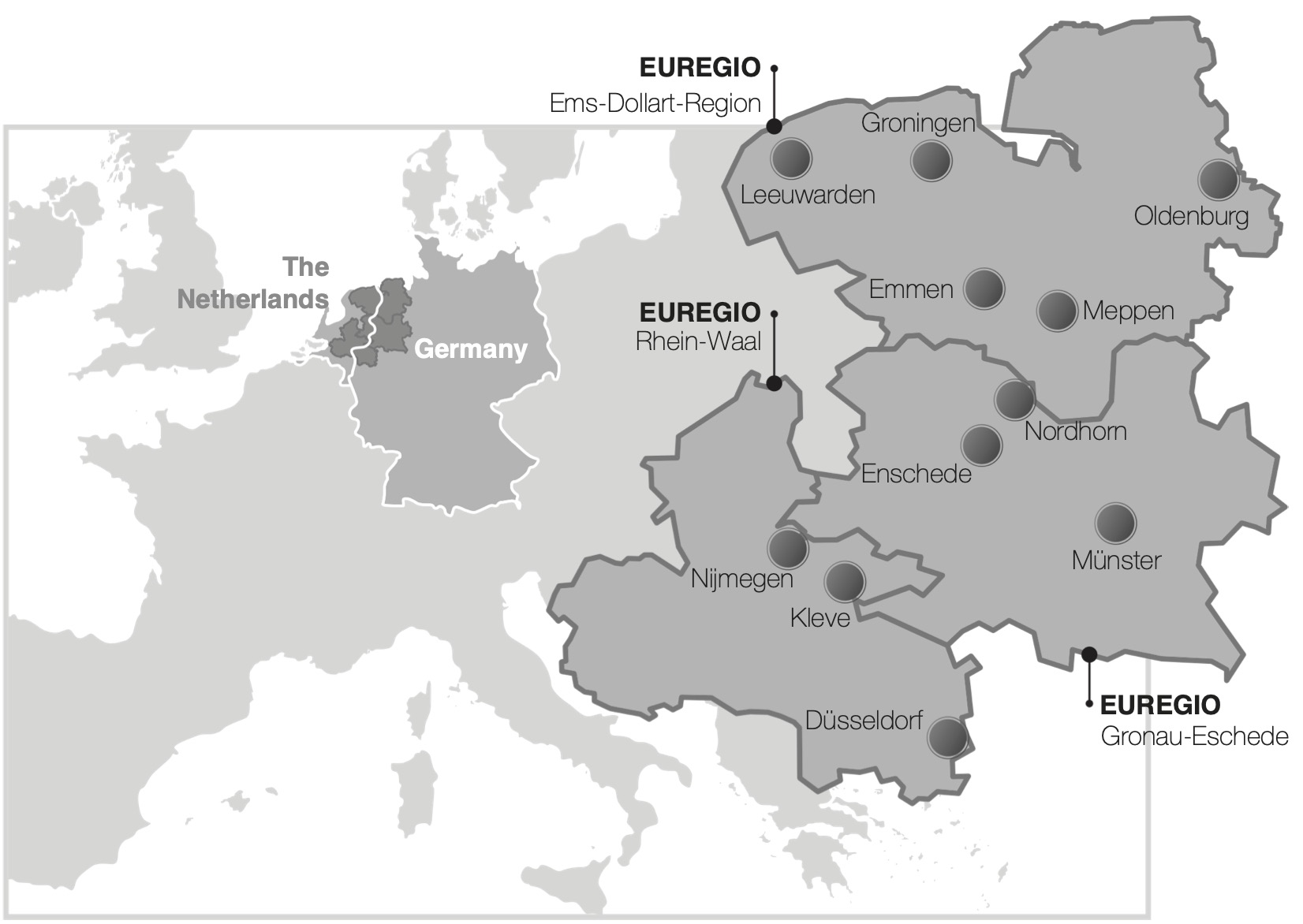 Geographic overview of three Euregio’s that make up most of the Dutch-German cross-border region.